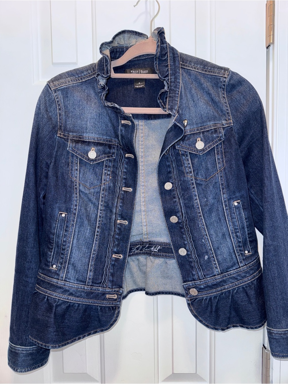 White House Black Market Dark Blue Denim Jacket with Ruffle Peplum